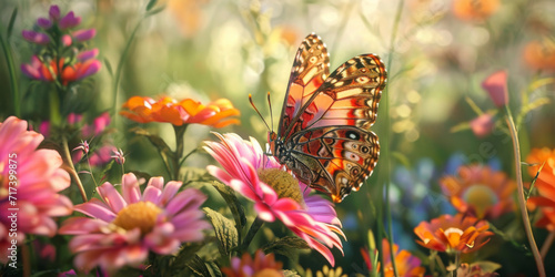 a flower garden with a large colorful butterfly, generative AI