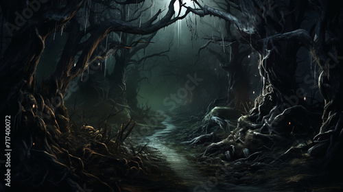haunted forest path. A spooky scene of a haunted forest path, with gnarled trees, creeping fog