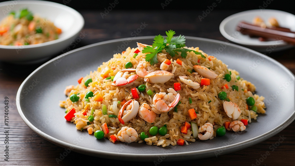 picture of the crab fried rice plated on a pristine white dish, resting elegantly on a dark wooden table picture of the crab fried rice plated on a pristine white dish, resting elegantly on a dark wooden table