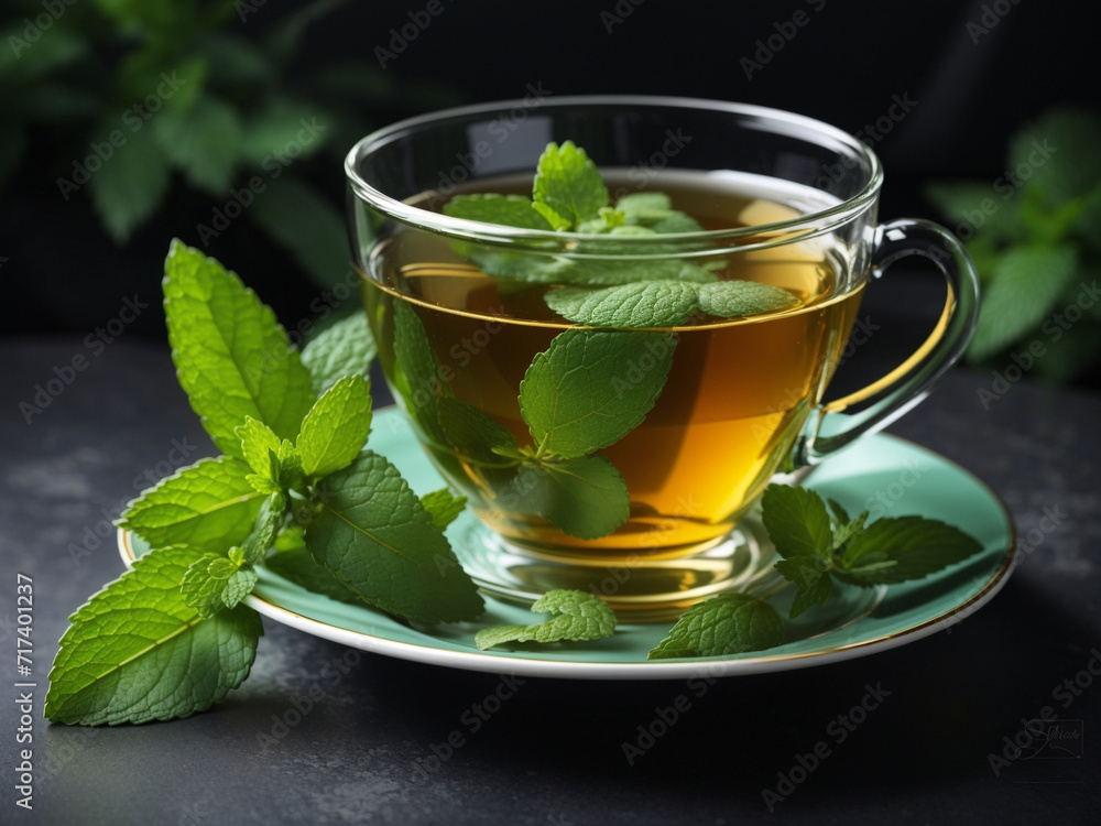 A cup of tea with an of mint green A cup of tea with an of mint green
