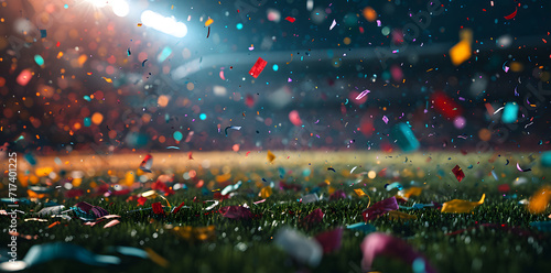 3d stadium template with colorful confetti falling on the field at night
