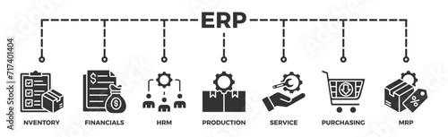 ERP banner web icon glyph silhouette for enterprise resource planning with icon of inventory, financials, hrm, production, service, purchasing, and mrp photo