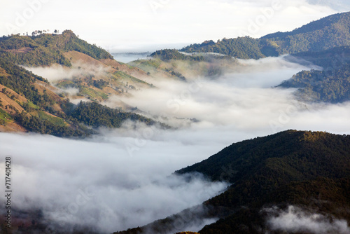 Top view Landscape of Morning Mist with Mountain Layer at Meuang Feuang photo