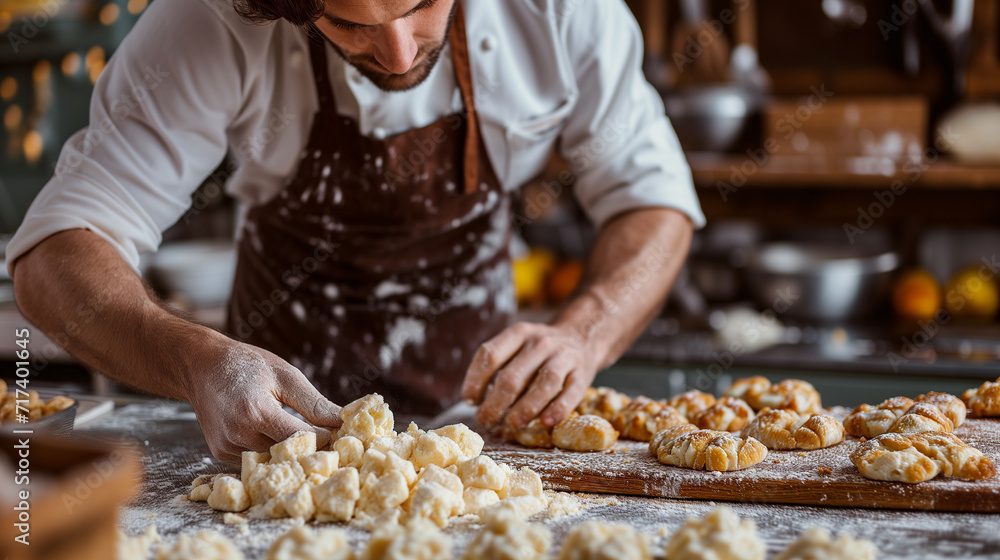 Male baker kneading dough, making delicious pastries inside the bakery. Male baker kneading dough, making delicious pastries inside the bakery.