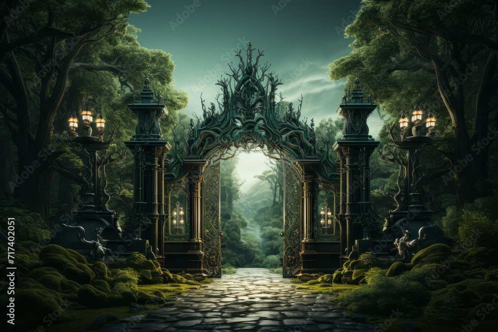 Classic Iron Gate, on isolated Forest Green background, Generative AI Classic Iron Gate, on isolated Forest Green background, Generative AI