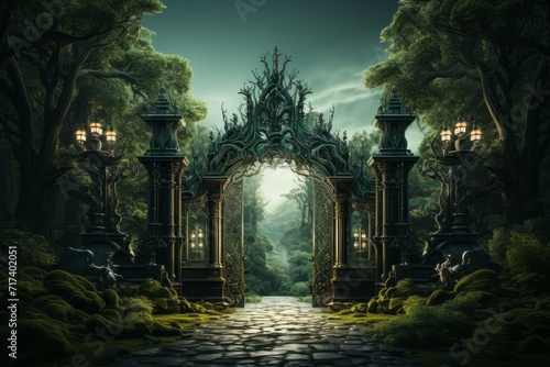 Classic Iron Gate  on isolated Forest Green background  Generative AI