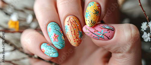 Fotografiet Woman's nails with beautiful decorated manicure in spring Easter style