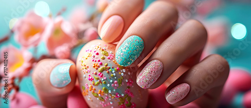 Woman's nails with beautiful manicure in Easter style with flowers and decorated egg. AI generated