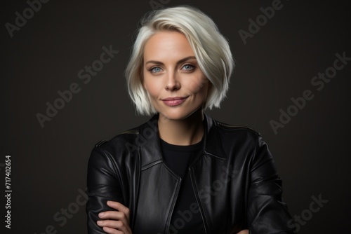 Portrait of beautiful blonde woman in black leather jacket on dark background