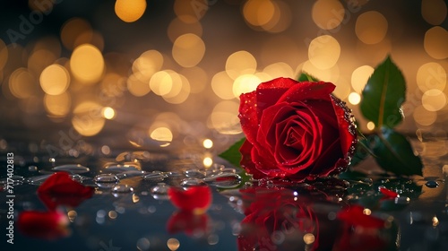 beautiful fill bloomed red rose on mirror floor with shinny dew drops and bokeh background for valentine day generated by AI tool