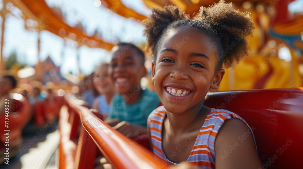 Exhilaration and excitement, black brother and sister riding a ride in ...