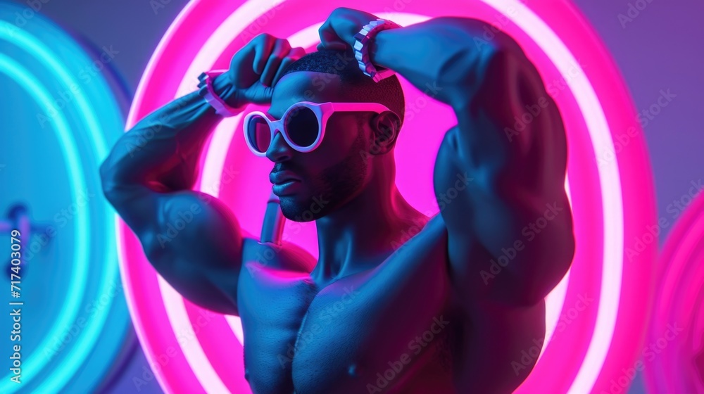 Cartoon digital avatar of a fitness influencer flexing their muscles in front of a neon gym sign. Cartoon digital avatar of a fitness influencer flexing their muscles in front of a neon gym sign.