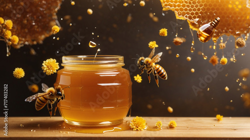 A wooden table with a jar of honey jar of honey and bee