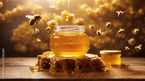 A wooden table with a jar of honey jar of honey and bee