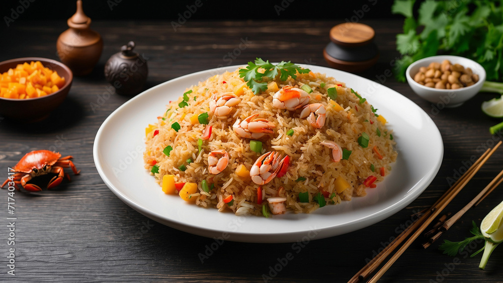 crab fried rice on the white plate the visual appeal of the dish against the dark wooden backdrop and evoke the textures and flavors that come together in this culinary masterpiece