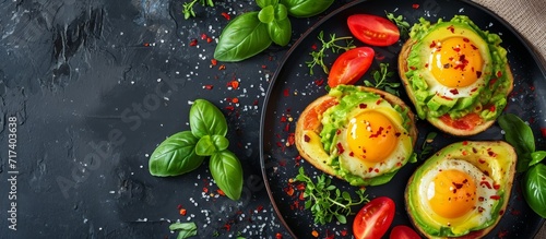 Avocado breakfast and plant-based fare on dark table.