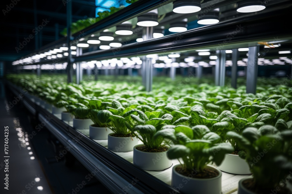 High-yield hydroponic lettuce farm with LED grow lights, Generative AI High-yield hydroponic lettuce farm with LED grow lights, Generative AI