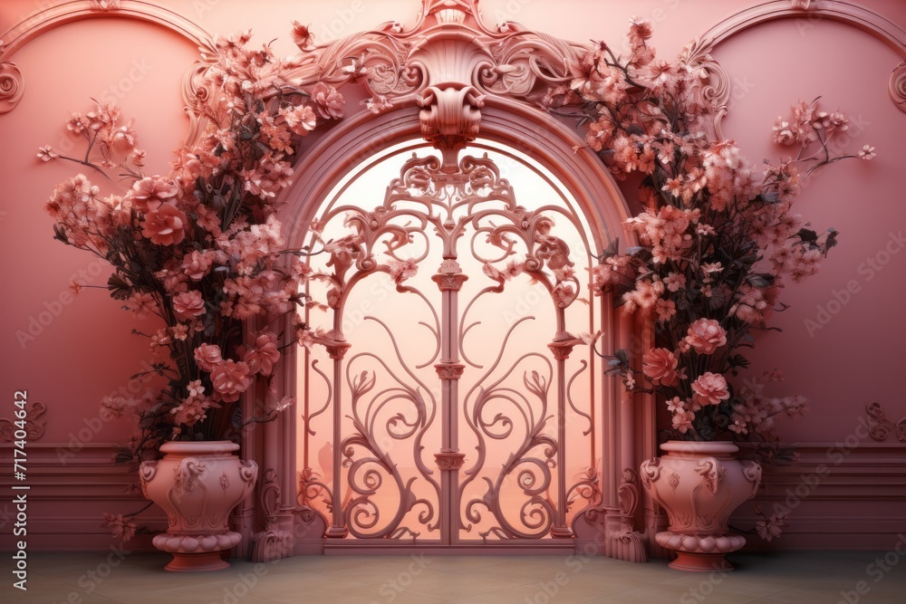 Handcrafted Iron Gate, on isolated Coral Pink background, Generative AI