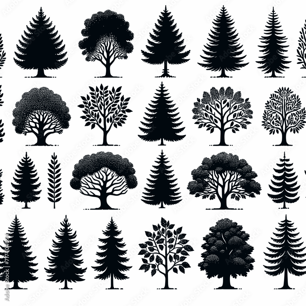 Fototapeta premium Detailed Forest Tree Silhouettes in Various Poses - Vector Collection 01