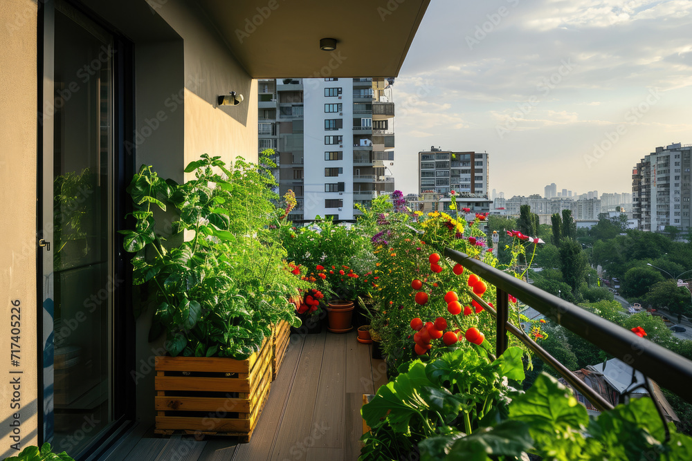 Urban balcony organic garden. Vegetable gardening in the city