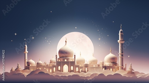 mosque and moon at night in paper cutting style 3D illustration. Ramadan kareem and eid fitr islamic concept background for greeting card and flyer. colorful pastel color. photo