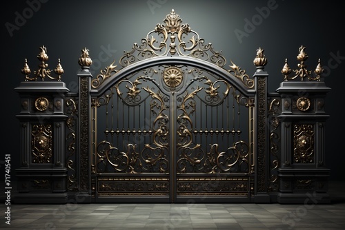 Modern Iron Gate, on isolated Slate Gray background, Generative AI