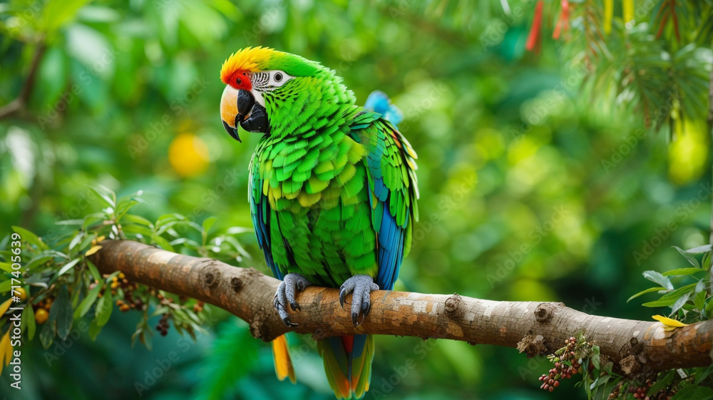 A green parrot sitting on top of a tree A green parrot sitting on top of a tree