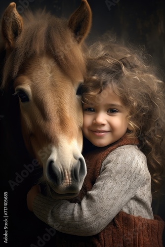 beautiful little girl hugging a little horse