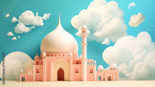 mosque in paper cutting style 3D illustration. Ramadan kareem and eid fitr islamic concept background for greeting card and flyer. colorful pastel color. © MiniRiz