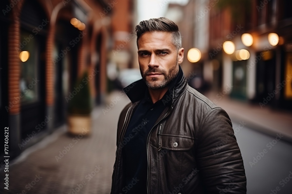 Portrait of a handsome man in a leather jacket on a city street. - obrazy, fototapety, plakaty 