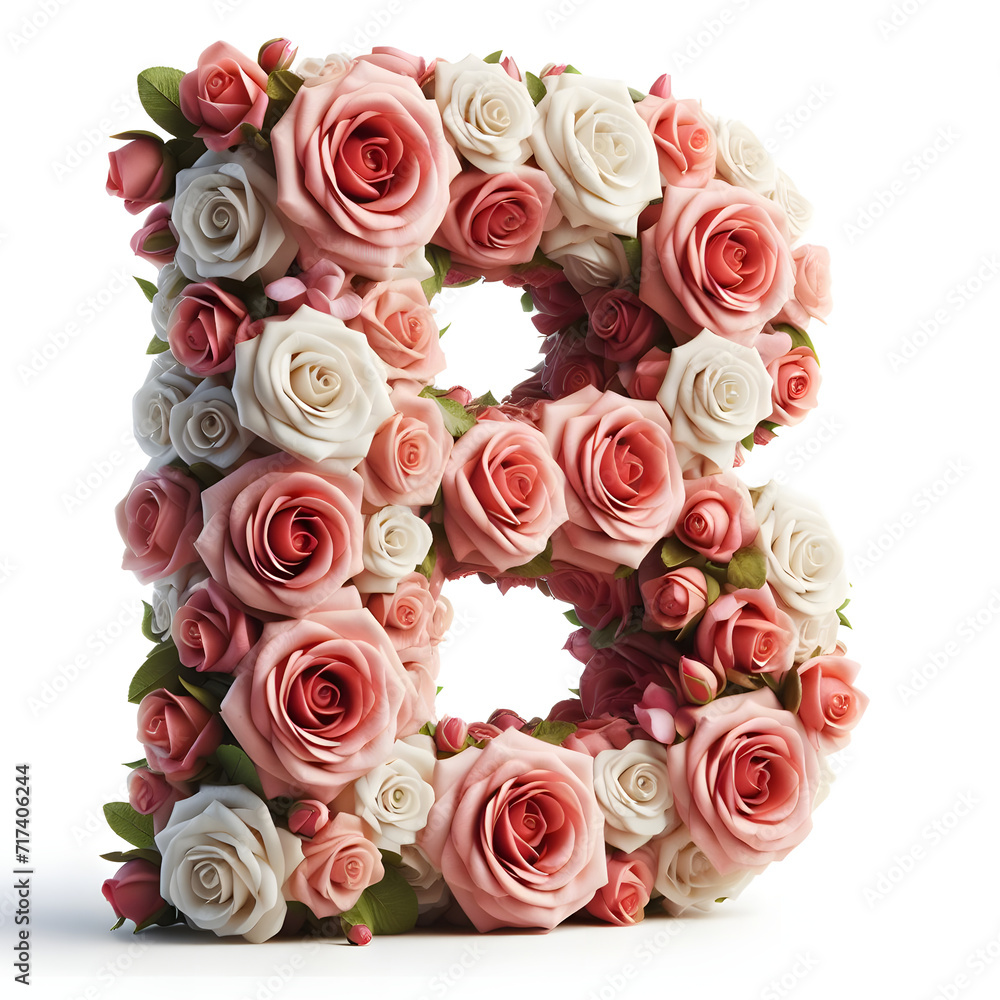 The letter B is made out of rose flowers, the Rose Alphabet, and Valentine Designs, on a White background, isolated on white, photorealistic The letter B is made out of rose flowers, the Rose Alphabet, and Valentine Designs, on a White background, isolated on white, photorealistic
