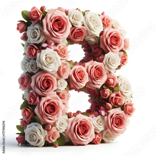 The letter B is made out of rose flowers  the Rose Alphabet  and Valentine Designs  on a White background  isolated on white  photorealistic 