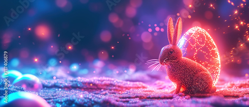 Techno Easter Bunny rabbit and egg, glowing futuristic stile with bright neon lights, mixing tradition with high-tech fun. AI generated photo