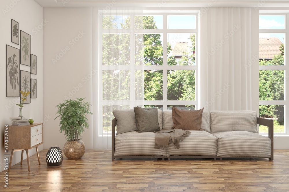 White living room with sofa and summer landscape in window. Scandinavian interior design. 3D illustration White living room with sofa and summer landscape in window. Scandinavian interior design. 3D illustration
