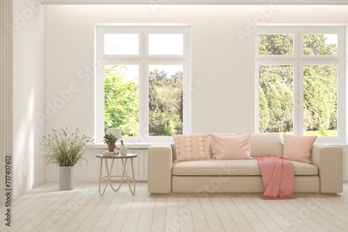 Wallpaper Mural White living room with sofa and summer landscape in window. Scandinavian interior design. 3D illustration Torontodigital.ca