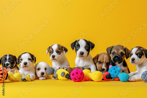 A group of puppies with toys on a yellow background. photo