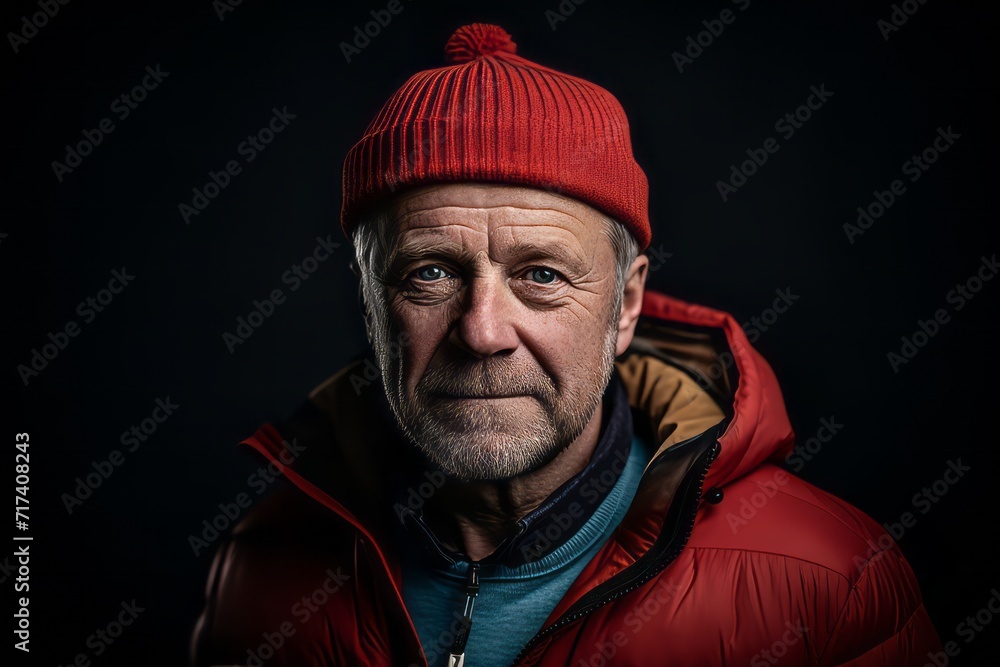 Portrait of a senior man in a red hat and a jacket. Portrait of a senior man in a red hat and a jacket.
