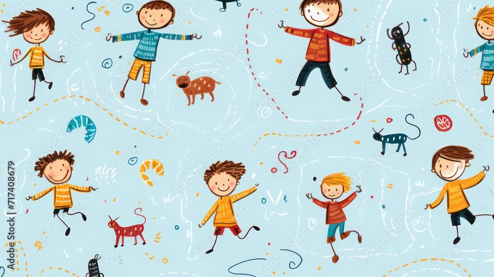 Sketch illustration of children playing, with a blue background and abstract lines and cats.