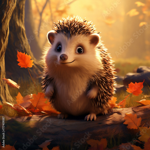 cartoon image of a cute hedgehog in the middle of the forest