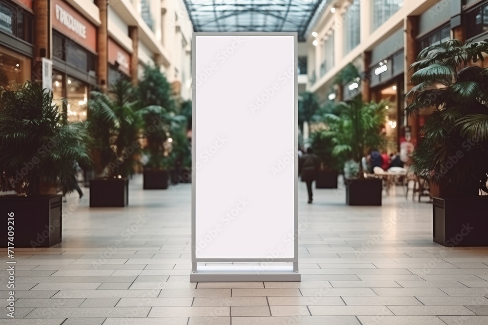 Empty advertising stand in mall's central aisle with greenery - obrazy, fototapety, plakaty 