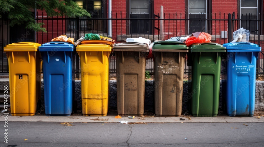 The trash cans on the sidewalk are different colors to separate the types of trash that will be put in. The trash cans on the sidewalk are different colors to separate the types of trash that will be put in.