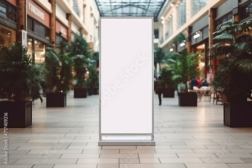 Empty advertising stand in mall's central aisle with greenery