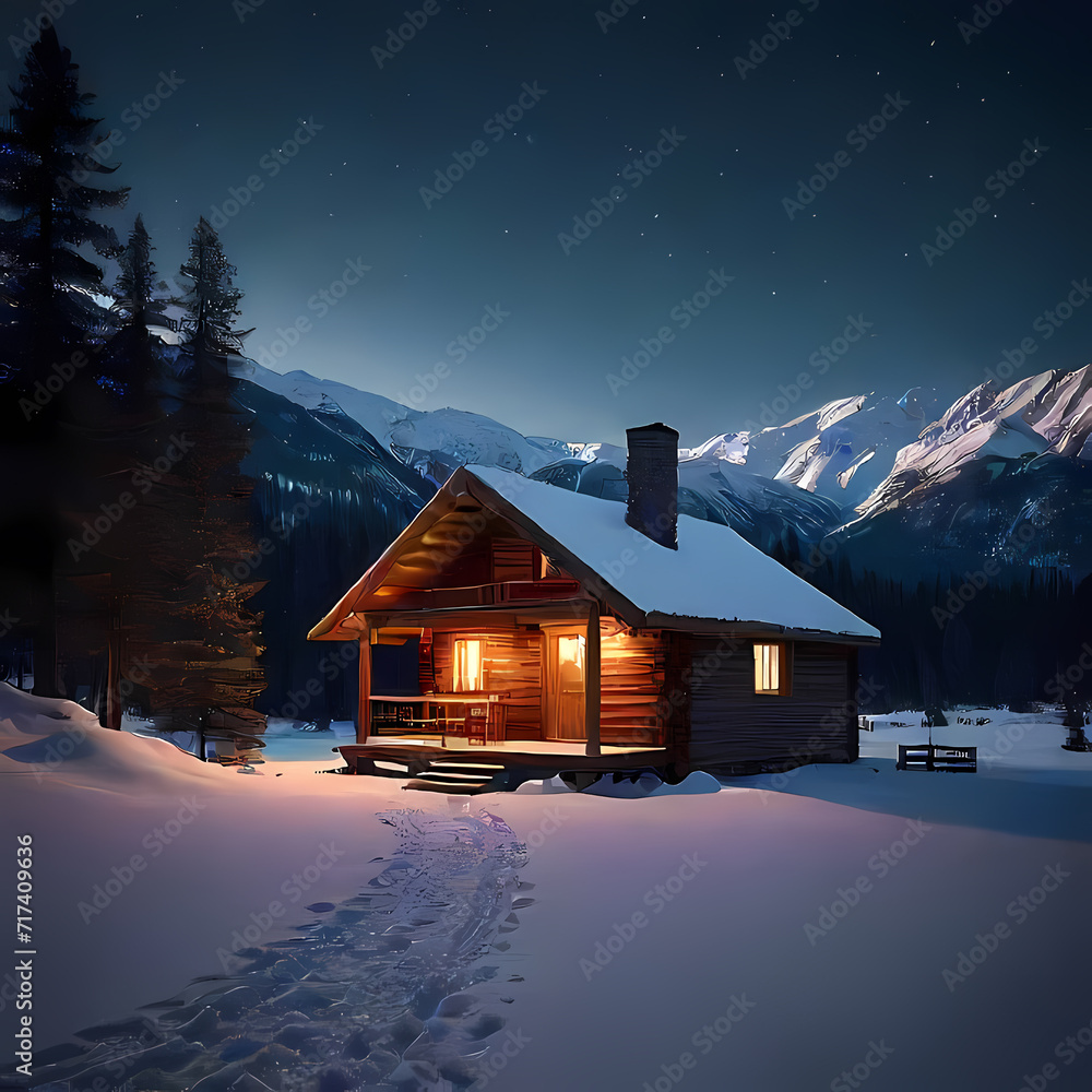 Fototapeta premium Cabin in the Snowy Mountains at Night