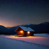 Cabin in the Snowy Mountains at Night