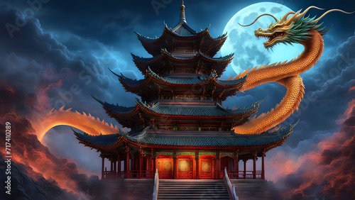 Iridescent-scaled Chinese dragon coils tightly around the weathered tiers of an ancient pagoda, smoke tendrils drifting from flaring nostrils against a backdrop of moonlit sky, happy chinese new year