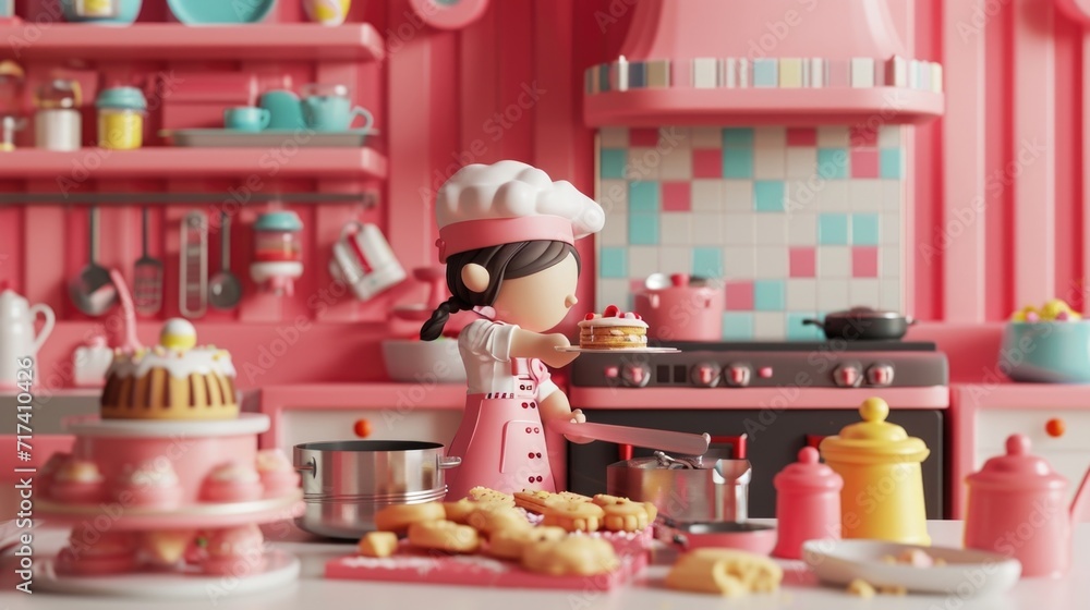 Cartoon digital avatars of Miniature Bake Master Baking cookies and cakes in a play kitchen. Cartoon digital avatars of Miniature Bake Master Baking cookies and cakes in a play kitchen.