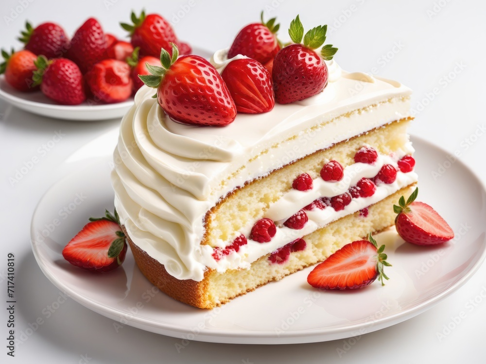A strawberry cake adorned with cream, showcased on a white background by ai generated