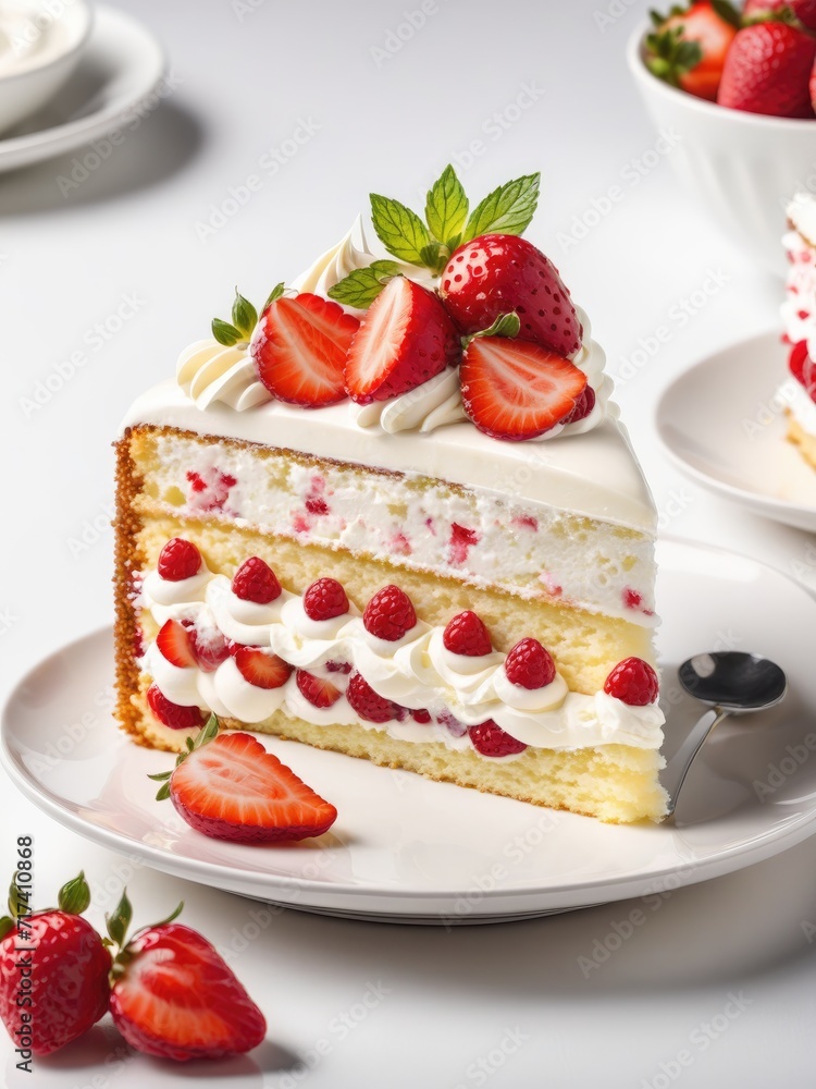 A strawberry cake adorned with cream, showcased on a white background by ai generated A strawberry cake adorned with cream, showcased on a white background by ai generated