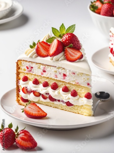 A strawberry cake adorned with cream  showcased on a white background by ai generated