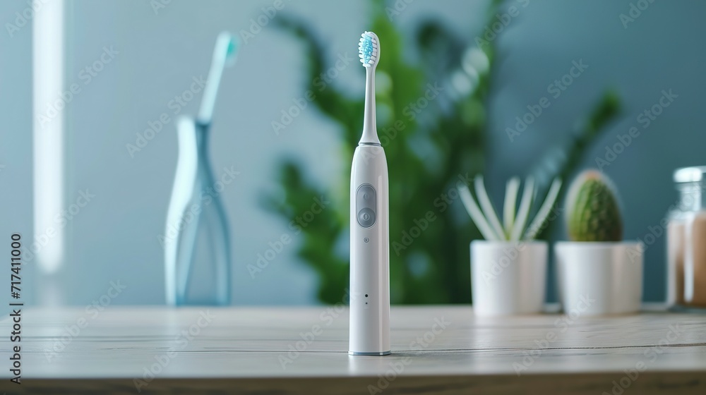 Electric modern ultrasonic automatic toothbrush on flat color table with copy space. The latest technology for effective cleaning of teeth and gums Electric modern ultrasonic automatic toothbrush on flat color table with copy space. The latest technology for effective cleaning of teeth and gums
